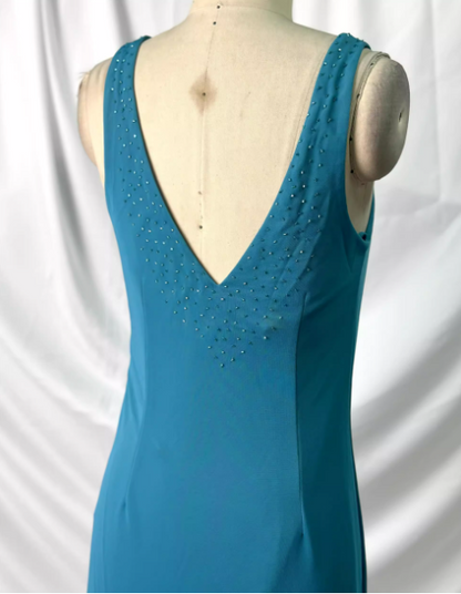 Elegantes tealfarbenes, perlenbesetztes Chiffon-Abendkleid mit V-Ausschnitt und Rüschen, langes Ballkleid P4388