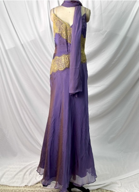 Vintage Deep Purple Gold Spitze Dünne Träger V-Ausschnitt Chiffon Langes Ballkleid Abendkleid P4389