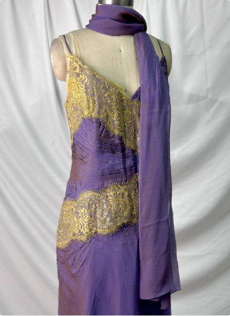 Vintage Deep Purple Gold Spitze Dünne Träger V-Ausschnitt Chiffon Langes Ballkleid Abendkleid P4389