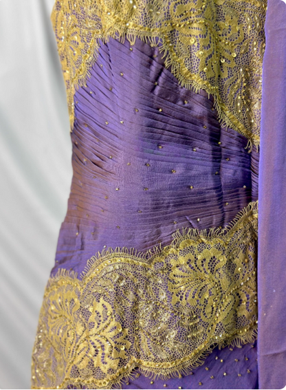 Vintage Deep Purple Gold Spitze Dünne Träger V-Ausschnitt Chiffon Langes Ballkleid Abendkleid P4389