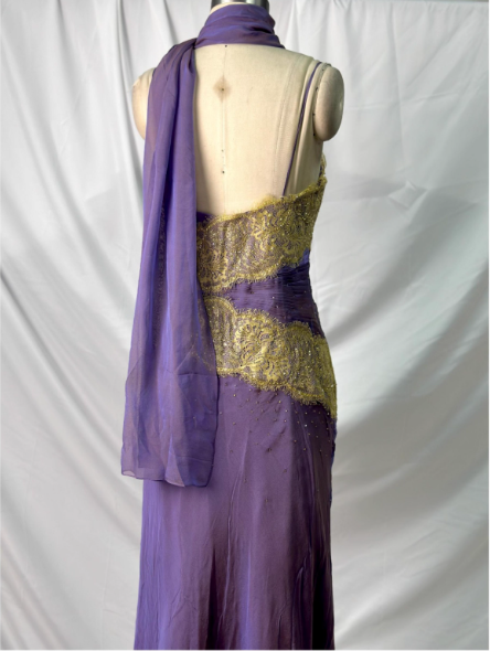 Vintage Deep Purple Gold Spitze Dünne Träger V-Ausschnitt Chiffon Langes Ballkleid Abendkleid P4389