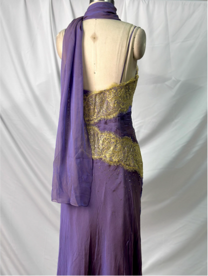 Vintage Deep Purple Gold Spitze Dünne Träger V-Ausschnitt Chiffon Langes Ballkleid Abendkleid P4389
