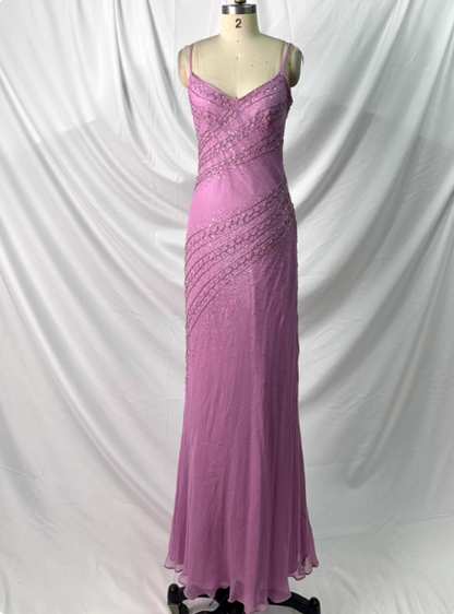 Vintage rosa Meerjungfrauen-Abendkleid mit V-Ausschnitt, Perlen und Chiffon, langes Ballkleid, Abendkleid P4390