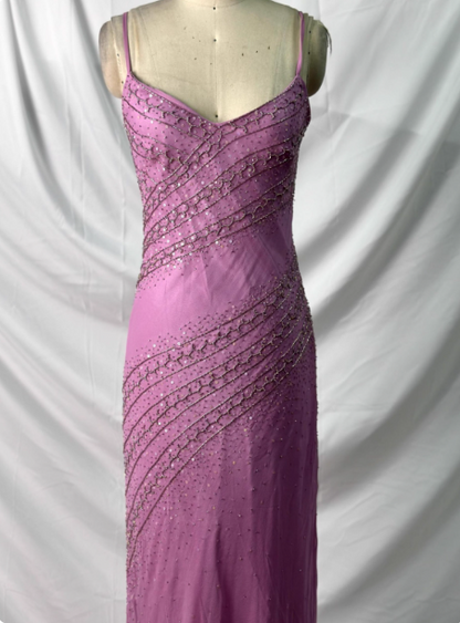Vintage rosa Meerjungfrauen-Abendkleid mit V-Ausschnitt, Perlen und Chiffon, langes Ballkleid, Abendkleid P4390