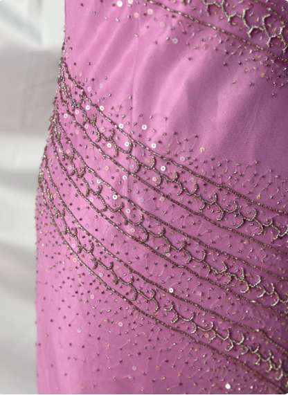 Vintage rosa Meerjungfrauen-Abendkleid mit V-Ausschnitt, Perlen und Chiffon, langes Ballkleid, Abendkleid P4390