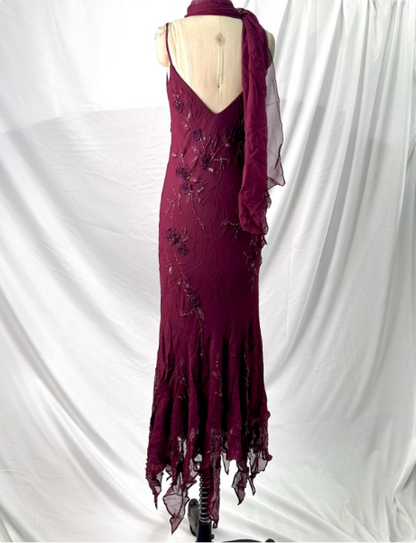 Elegantes Vintage Burgund Perlenstickerei Dünne Träger Meerjungfrau Chiffon Langes Ballkleid Abendkleid P4392