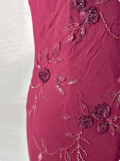 Elegantes Vintage Burgund Perlenstickerei Dünne Träger Meerjungfrau Chiffon Langes Ballkleid Abendkleid P4392