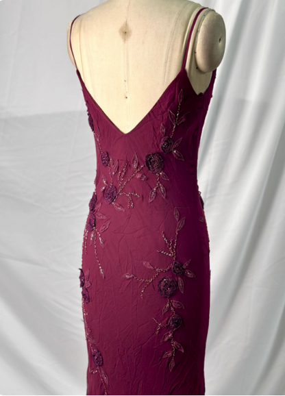 Elegantes Vintage Burgund Perlenstickerei Dünne Träger Meerjungfrau Chiffon Langes Ballkleid Abendkleid P4392
