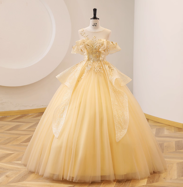 Princess Champagne Yellow Sequin Tulle Ball Gown Evening Dress Sweet 16 Dress P4393