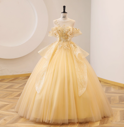 Prinzessin Champagner Gelb Pailletten Tüll Ballkleid Abendkleid Sweet 16 Kleid P4393