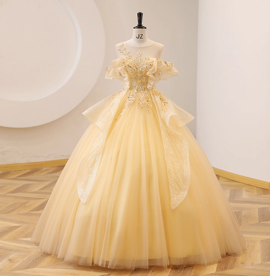 Princess Champagne Yellow Sequin Tulle Ball Gown Evening Dress Sweet 16 Dress P4393
