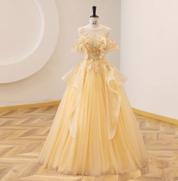 Princess Champagne Yellow Sequin Tulle Ball Gown Evening Dress Sweet 16 Dress P4393