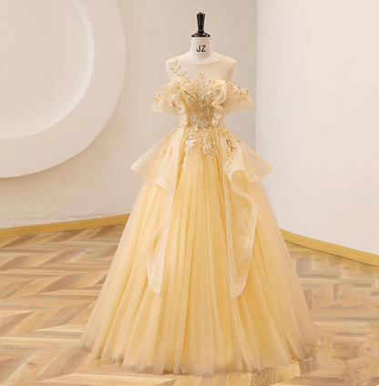 Prinzessin Champagner Gelb Pailletten Tüll Ballkleid Abendkleid Sweet 16 Kleid P4393