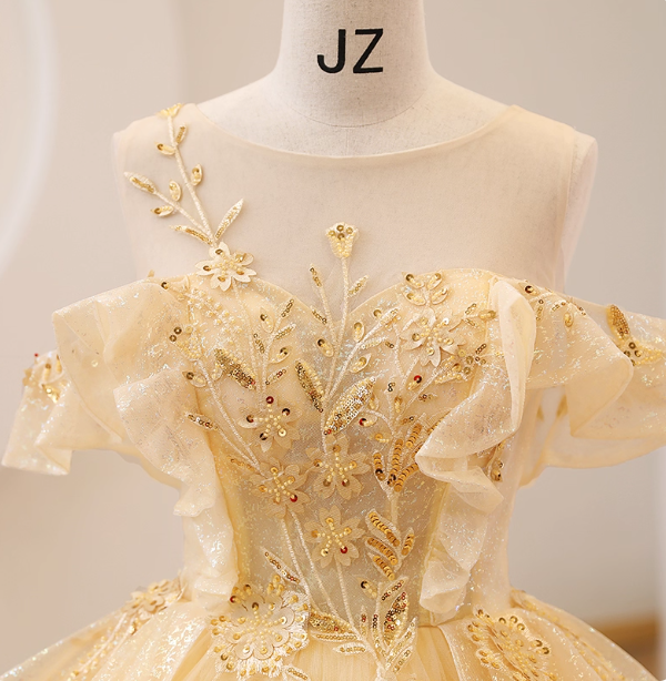 Princess Champagne Yellow Sequin Tulle Ball Gown Evening Dress Sweet 16 Dress P4393