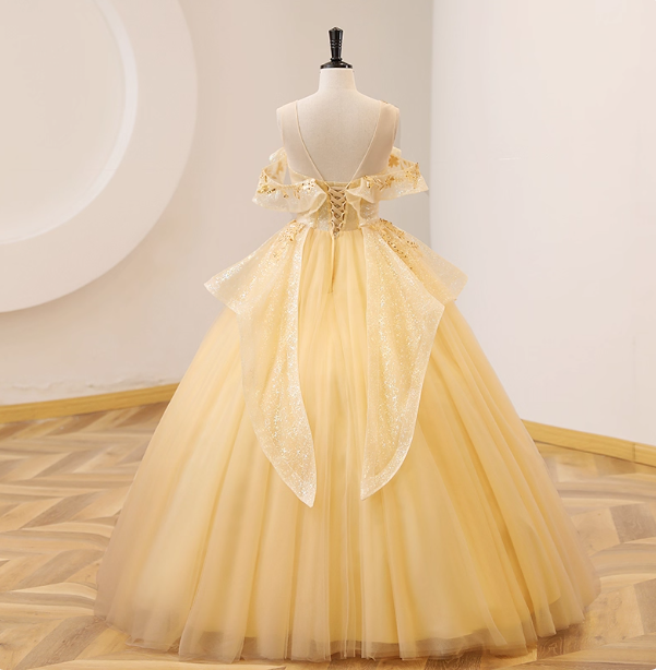 Princess Champagne Yellow Sequin Tulle Ball Gown Evening Dress Sweet 16 Dress P4393