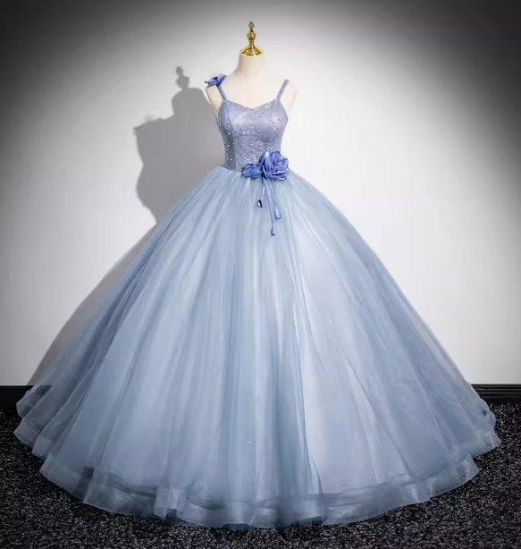Dreamy Light Haze Blue Thin Strap 3D Floral Tulle Ball Gown Evening Dress Sweet 16 Dress P4394