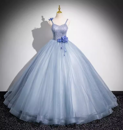Robe de soirée féerique bleu clair vaporeux, à fines bretelles, en tulle floral 3D, robe de bal, robe de 16 ans P4394