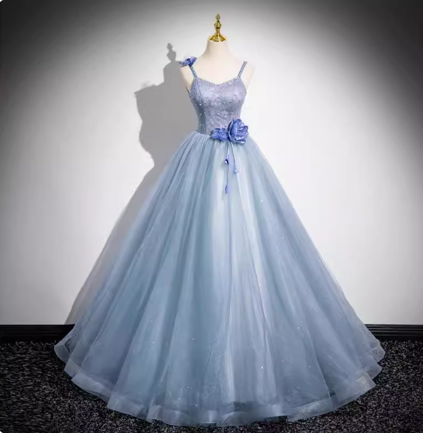Dreamy Light Haze Blue Thin Strap 3D Floral Tulle Ball Gown Evening Dress Sweet 16 Dress P4394
