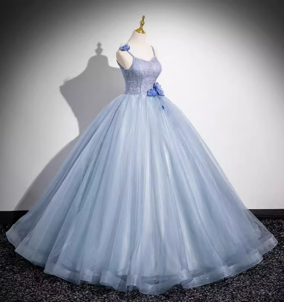 Dreamy Light Haze Blue Thin Strap 3D Floral Tulle Ball Gown Evening Dress Sweet 16 Dress P4394