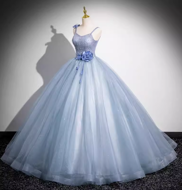 Dreamy Light Haze Blue Thin Strap 3D Floral Tulle Ball Gown Evening Dress Sweet 16 Dress P4394