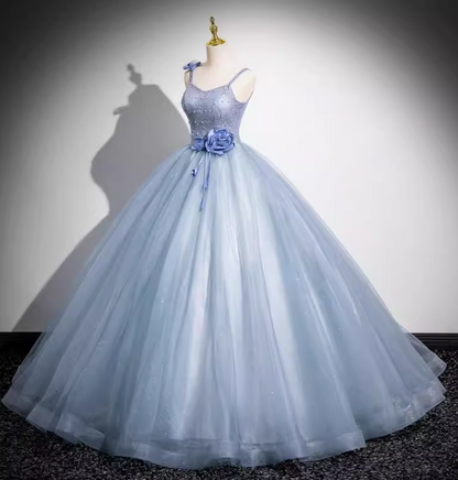 Robe de soirée féerique bleu clair vaporeux, à fines bretelles, en tulle floral 3D, robe de bal, robe de 16 ans P4394