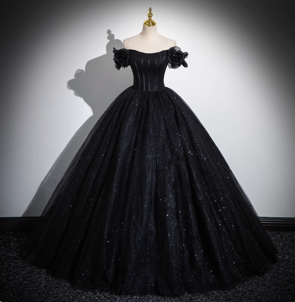 Gothic Court Black Off-the-Shoulder Shimmer Tulle Ball Gown Evening Dress Sweet 16 Dress P4395