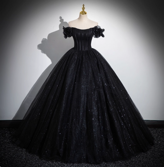 Gothic Court Black Off-the-Shoulder Shimmer Tulle Ball Gown Evening Dress Sweet 16 Dress P4395