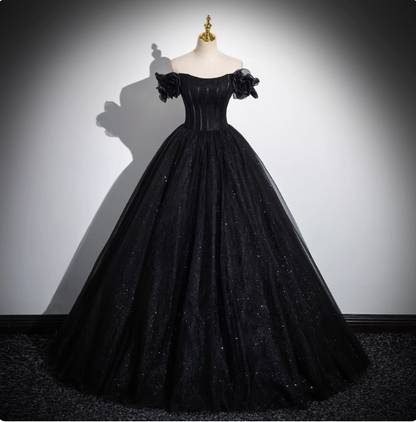 Robe de soirée bustier noire style gothique avec tulle scintillant, robe de bal, robe de soirée pour Sweet Sixteen P4395