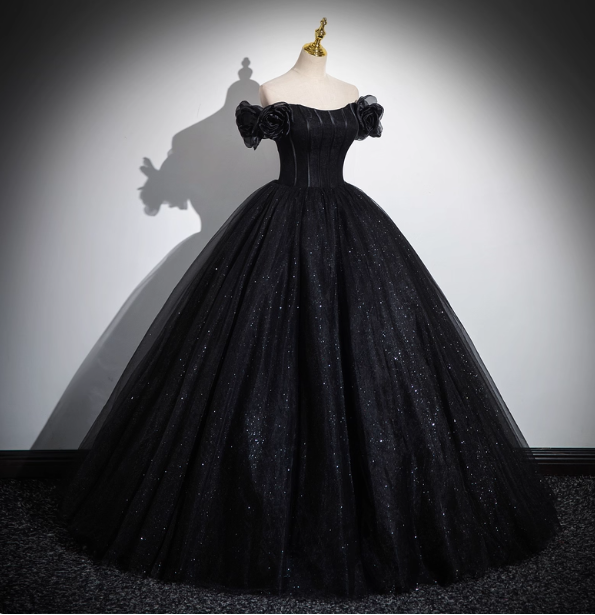 Gothic Court Black Off-the-Shoulder Shimmer Tulle Ball Gown Evening Dress Sweet 16 Dress P4395