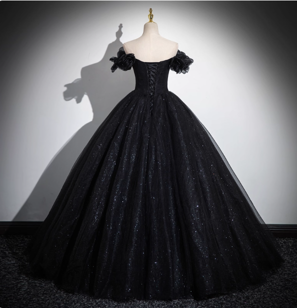 Gothic Court Black Off-the-Shoulder Shimmer Tulle Ball Gown Evening Dress Sweet 16 Dress P4395