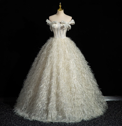 Robe de soirée princesse blanche avec nœud papillon, épaules dénudées, plumes et tulle, robe de bal, robe de Sweet 16 P4396