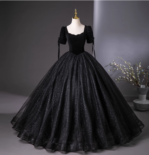 Vintage Black Puff Sleeve Velvet Shimmer Tulle Ball Gown Evening Dress Sweet 16 Dress P4397