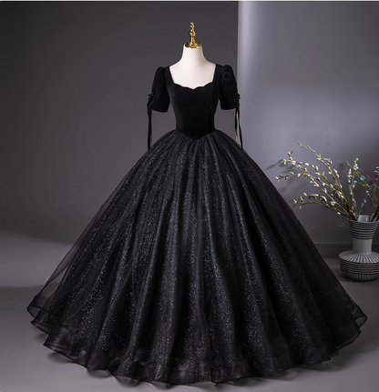 Robe de soirée vintage noire en velours à manches bouffantes, tulle scintillant, robe de bal, robe de 16e anniversaire P4397