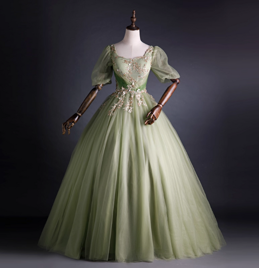 Princess Light Green Square Neck Puff Sleeve Gold Embroidery Tulle Ball Gown Evening Dress Sweet 16 Dress P4398