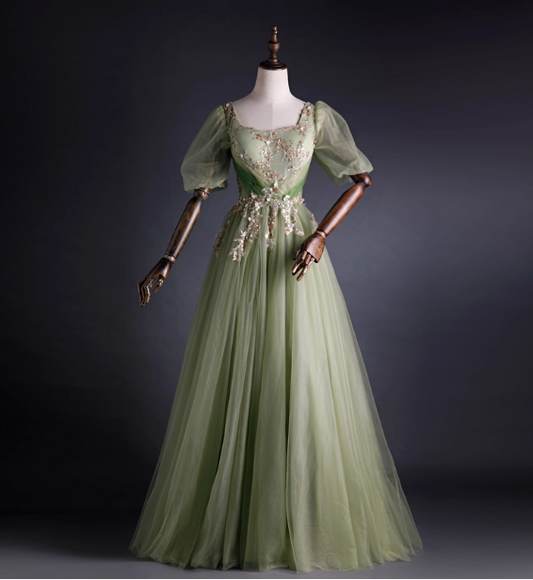 Princess Light Green Square Neck Puff Sleeve Gold Embroidery Tulle Ball Gown Evening Dress Sweet 16 Dress P4398