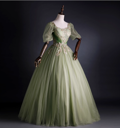 Robe de soirée princesse en tulle vert clair à col carré, manches bouffantes, broderies dorées, robe de bal, robe de Sweet 16 P4398