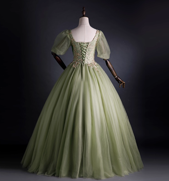 Princess Light Green Square Neck Puff Sleeve Gold Embroidery Tulle Ball Gown Evening Dress Sweet 16 Dress P4398