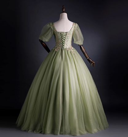 Robe de soirée princesse en tulle vert clair à col carré, manches bouffantes, broderies dorées, robe de bal, robe de Sweet 16 P4398