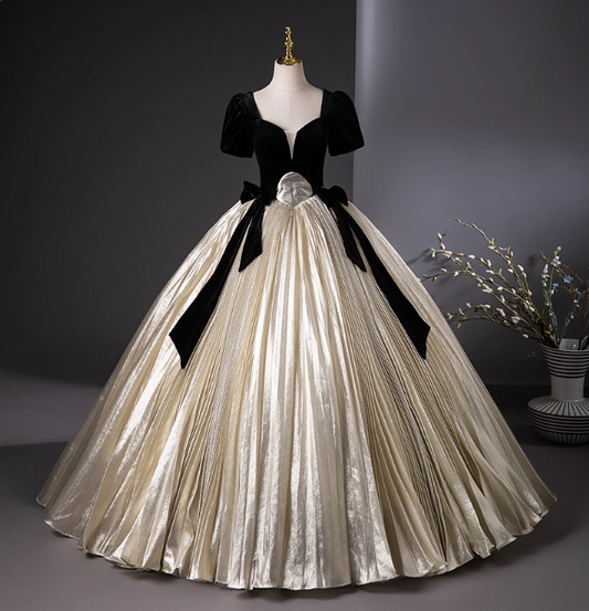Vintage Court Black & Gold Color Block Bowknot Puff Sleeve Velvet Satin Ball Gown Evening Dress Sweet 16 Dress P4399