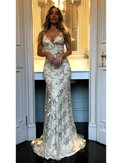 Mermaid Sexy Prom Dress Vintage Backless Lace Prom Dress,Gold Sequin Prom Dress P1065