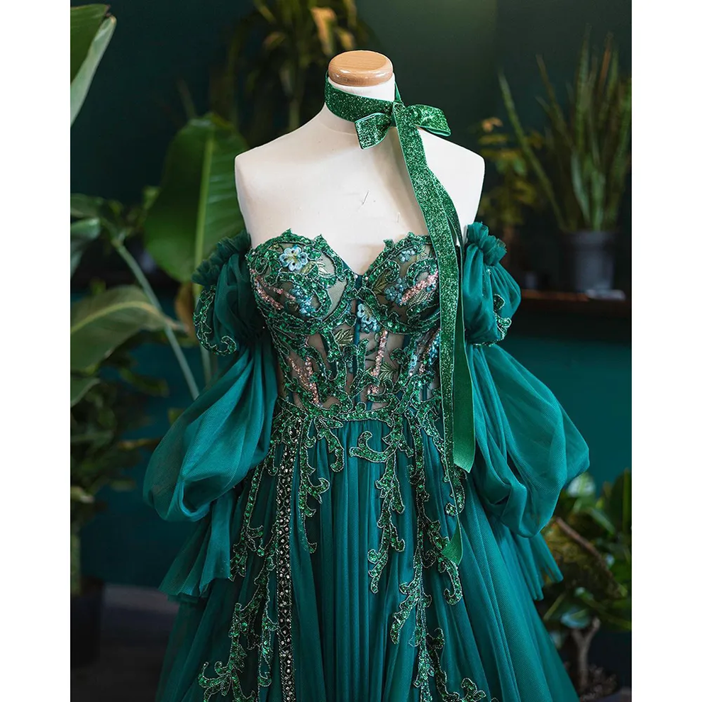 Light Green Straps Tulle with Lace Applique, Green A-line Prom Dress main image 1