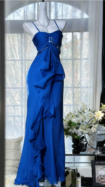 Frisches grünes Spaghetti-Träger-Kleid aus Chiffon mit gestuften Rüschen, langes Abschlussballkleid, Abendkleid P4818