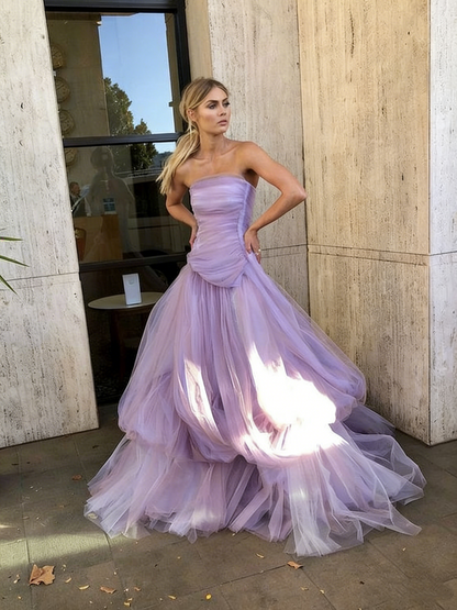 Glamouröses langes Ballkleid aus hellrosa Tüll P959