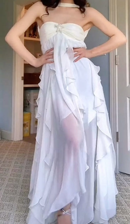 Robe de bal bustier simple en mousseline de soie blanche, robes de soirée sans manches P267