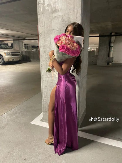 Wunderschönes pinkes Meerjungfrauen-Ballkleid mit Schlitz vorne für Geburtstagsoutfits P374