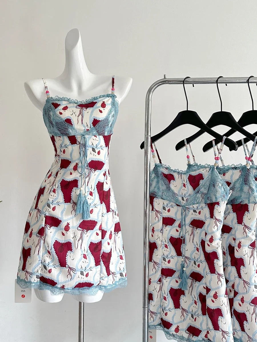 Retro Red White And Blue Contrast Print Slim Fit Mini Birthday Dress Homecoming Dress P3992