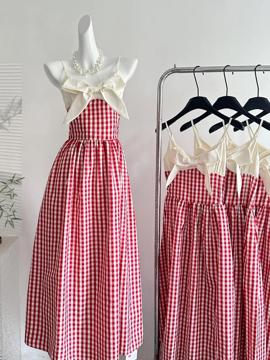 Retro Red And White Plaid A-line Bow Strap Long Prom Dress 17th Birthday Dress P4004