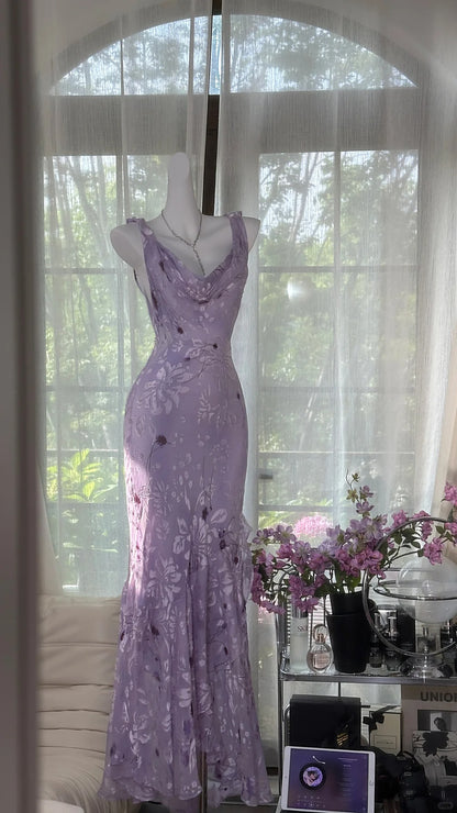 Elegantes lila Meerjungfrauen-Abendkleid aus Chiffon mit Bootsausschnitt P4040