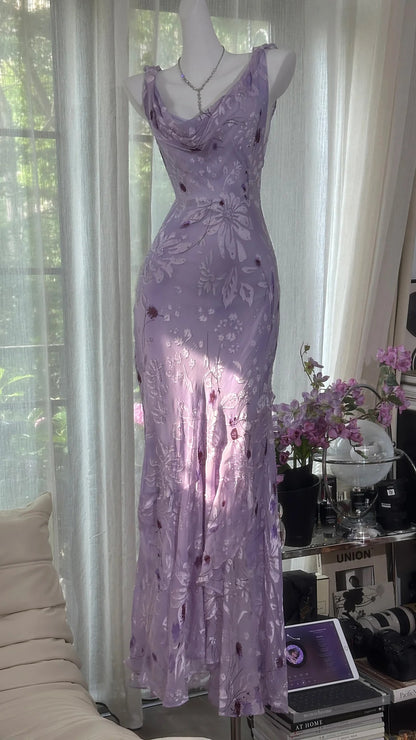 Elegantes lila Meerjungfrauen-Abendkleid aus Chiffon mit Bootsausschnitt P4040