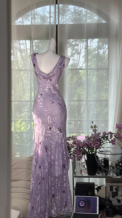 Elegantes lila Meerjungfrauen-Abendkleid aus Chiffon mit Bootsausschnitt P4040
